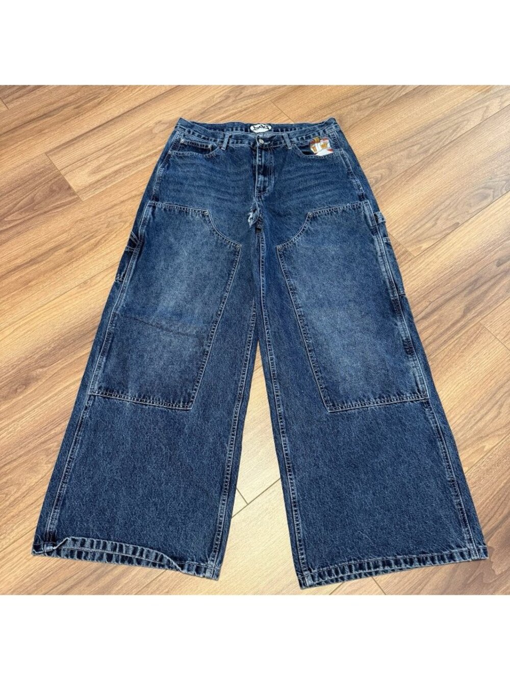 Dart Super Wide Leg Baggy Jeans Mens XL Blue Double Knee Skate Rave